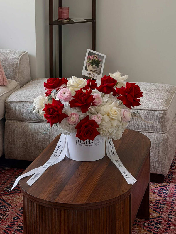 Bordeaux & Blanc flower box with red French roses, white hydrangea and ranunculus