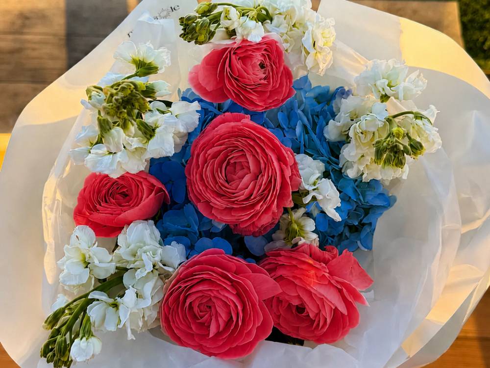 Bouquet of red, blue, and white flowers on a white background