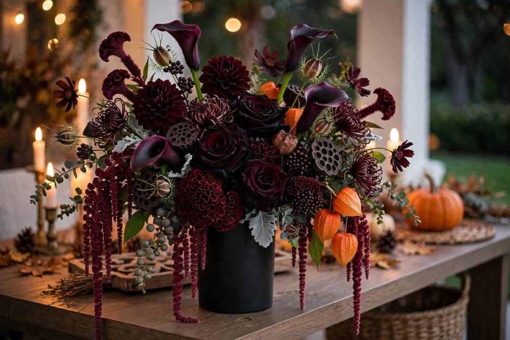 Halloween flower arrangement with dark roses, burgundy dahlias, calla lilies, hanging amaranthus and orange Chinese lanterns