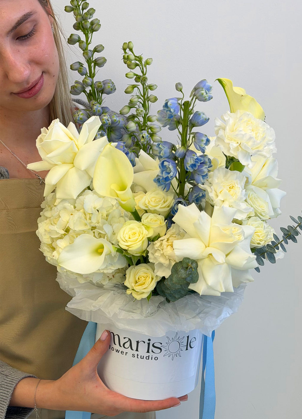 Blue dreams - Hydrangea,  French roses, Delphinium, Spray Roses, Callas, Carnations