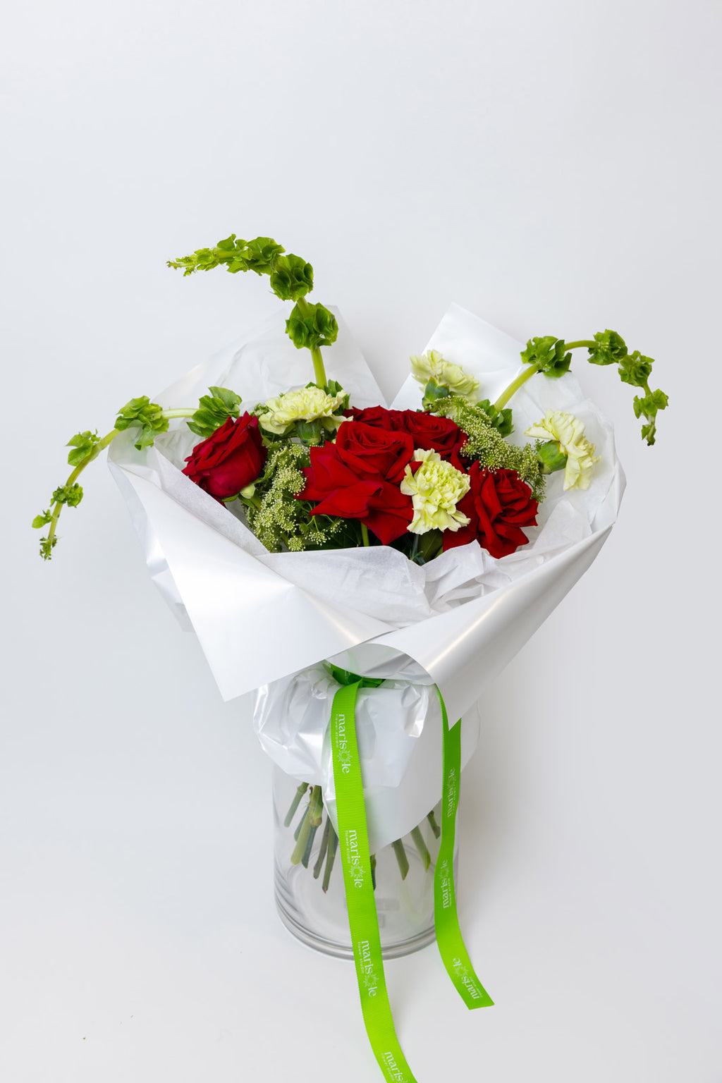 Garden Flame - Red Roses, Carnations, Viburnum, Bells of Ireland