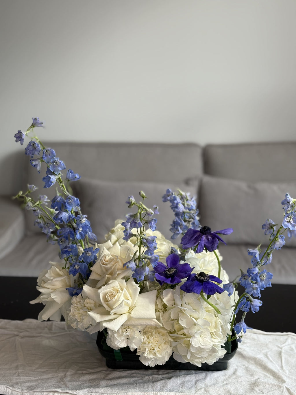 Standart Hannukah arrangement - anemones, french roses, delphinium, carnations