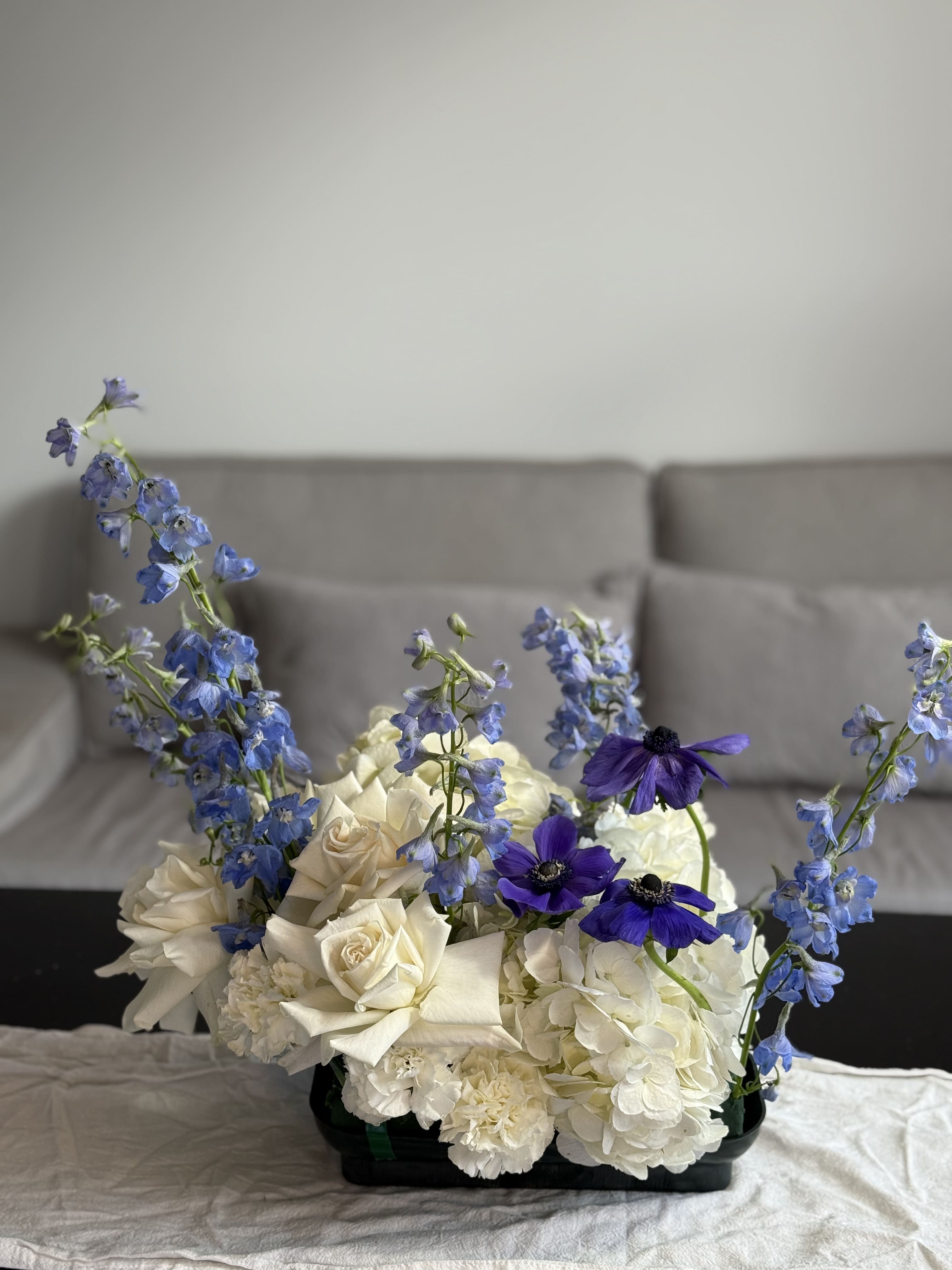Standart Hannukah arrangement - anemones, french roses, delphinium, carnations