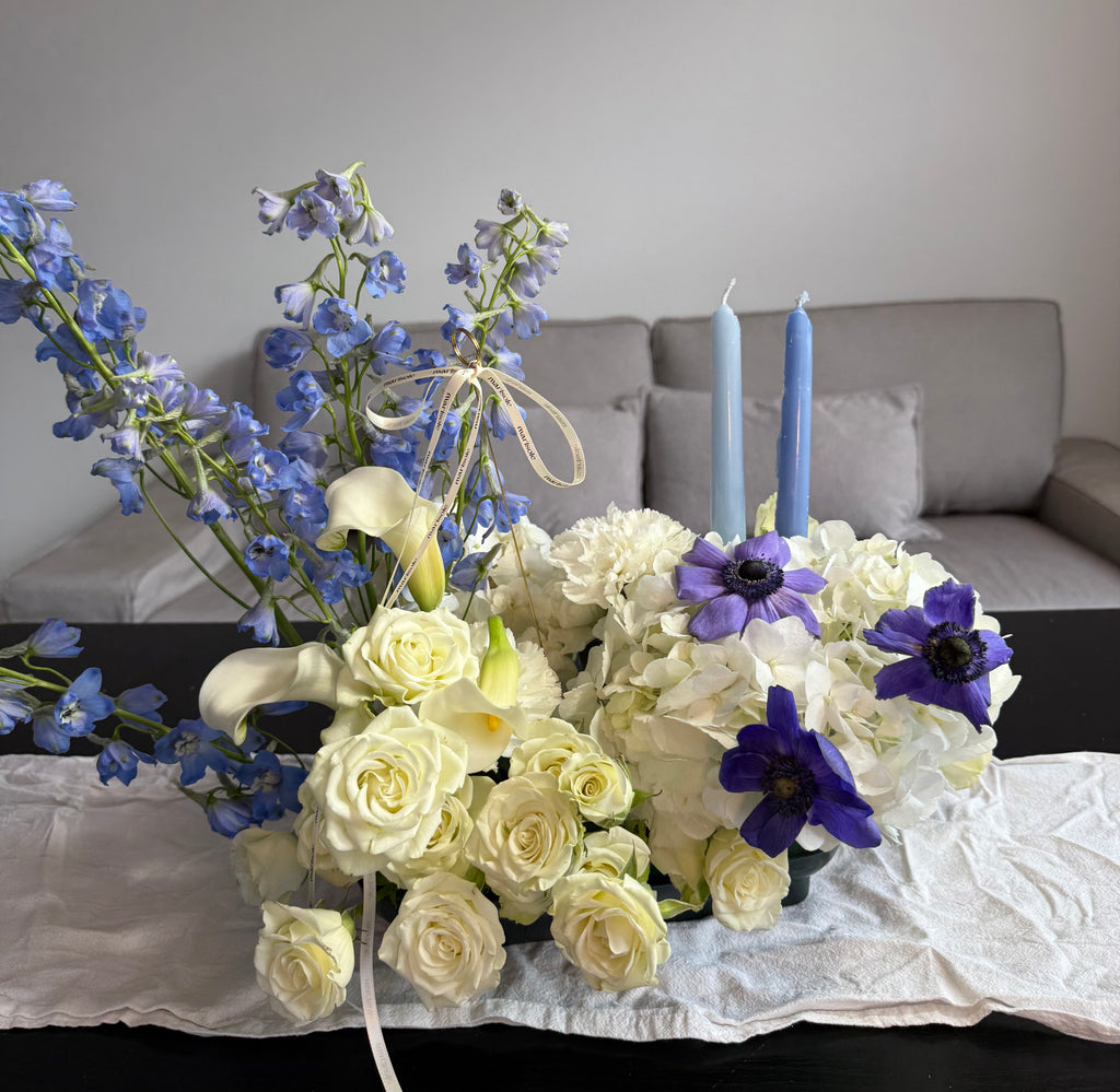 Petite Hannukah Arrangement -spray roses, anemones, callas, delphinium, hydrangea