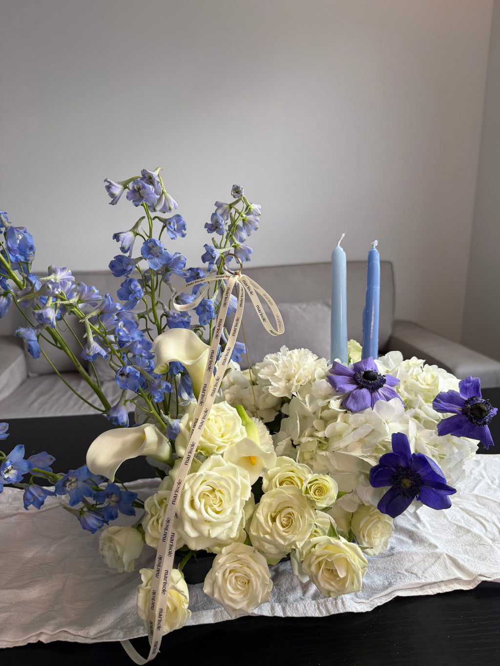 Petite Hannukah Arrangement -spray roses, anemones, callas, delphinium, hydrangea