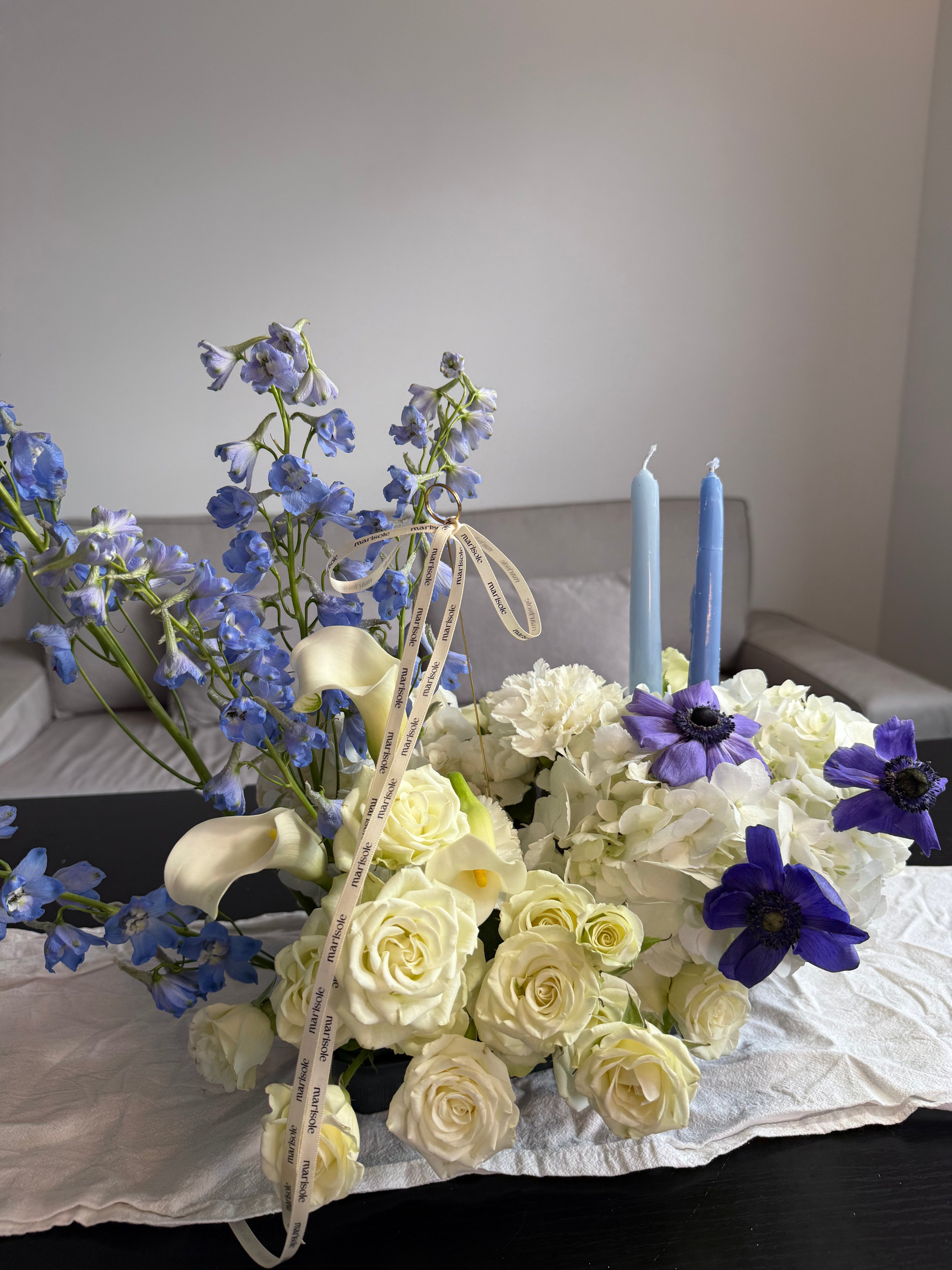 Petite Hannukah Arrangement -spray roses, anemones, callas, delphinium, hydrangea