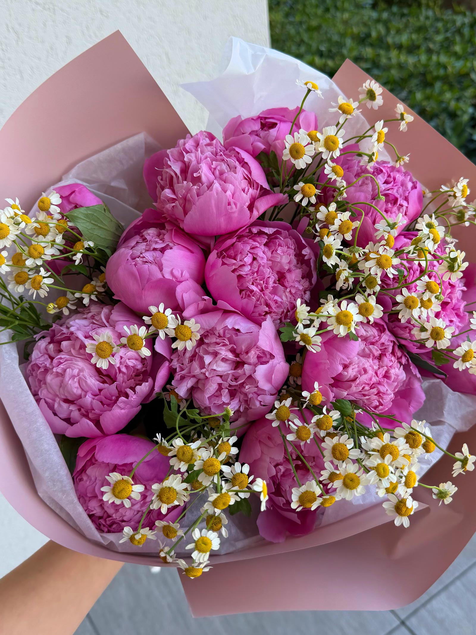 Bouquet of pink flowers with small white flowers and green leaves, wrapped in pink paper.