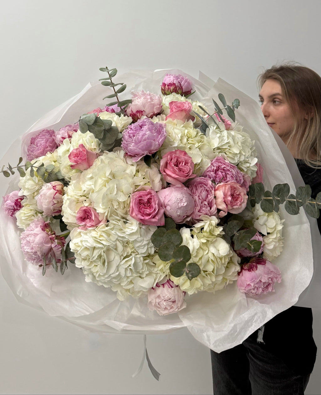 Marisole Flowers, large bouquet of peonies, hydrangeas, garden roses and eucalyptua