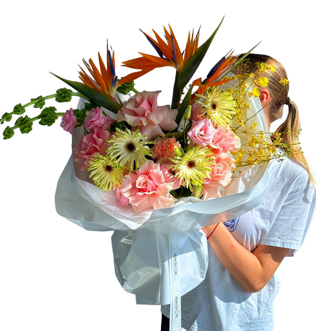 Tropical Dreams - Bird of Paradise, French roses, Carnations, Herbert’s, Bells of Ireland, Oncidium