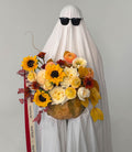 Autumn Bounty Arrangement in a Pumpkin – Sunflowers, Garden Roses, Chrysanthemums & Ranunculus