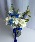 Blue Hour Vase Arrangement - Hydrangea, Carnations, Delphinium, Lisianthus, French Roses