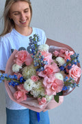 Blush & Sky Bouquet – Hydrangea, French Roses, Delphinium, Spray Roses, Chrysanthemums