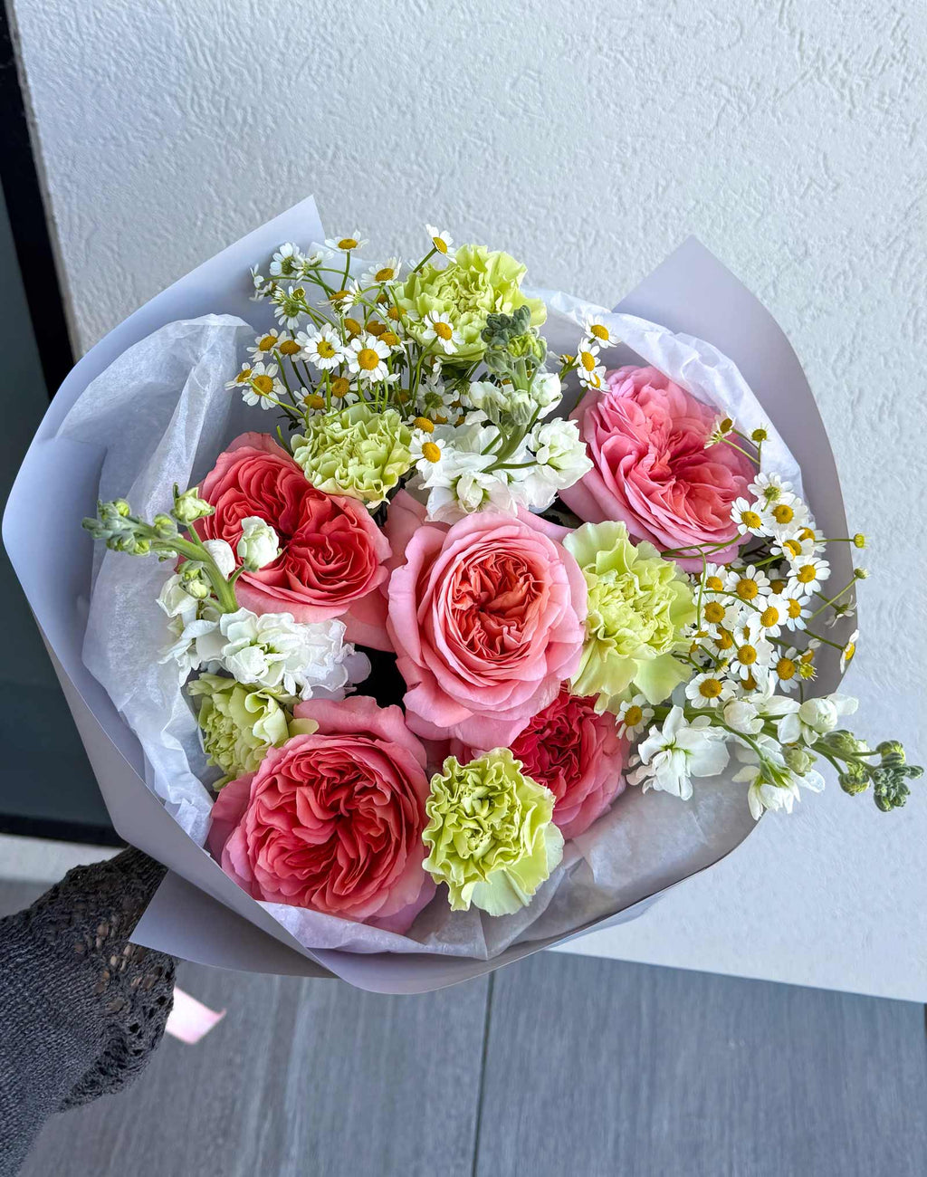Cottage Blooms flower bouquet with pink garden roses, chamomile, carnations, and white stock