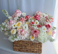 Grand Champagne Basket – French Roses, Garden Roses, Hydrangeas, Lisianthus, Stock & Delphinium