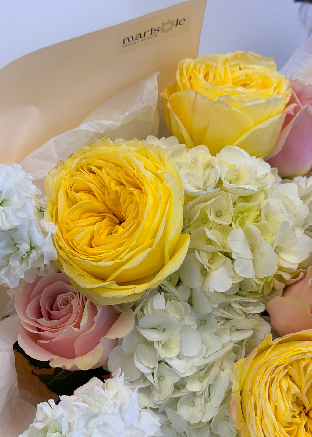 Bouquet of yellow, pink, and white flowers with a box labeled 'maris' in the background.