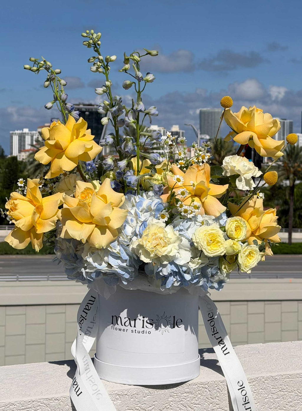 Limoncello Box with yellow French roses, blue hydrangea, delphinium, chamomile, spray roses, carnations, and craspedia by Marisole Flowers.