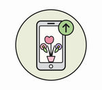 Illustration of a phone with a bouquet photo and an upload arrow