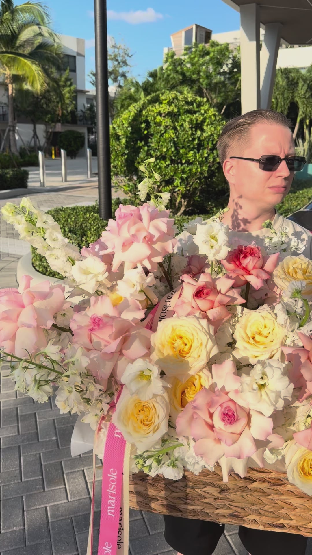 Grand Champagne Basket – French Roses, Garden Roses, Hydrangeas, Lisianthus, Stock & Delphinium