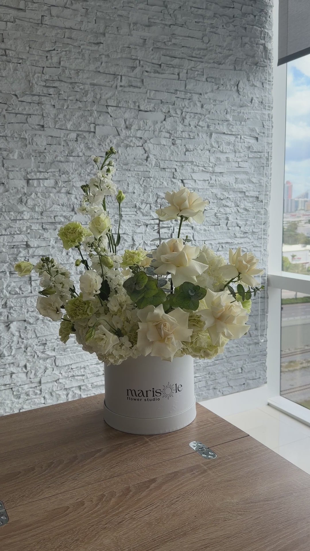 Quiet Bloom Box – White French Roses, Green Carnations, White Eustomas, Hydrangeas