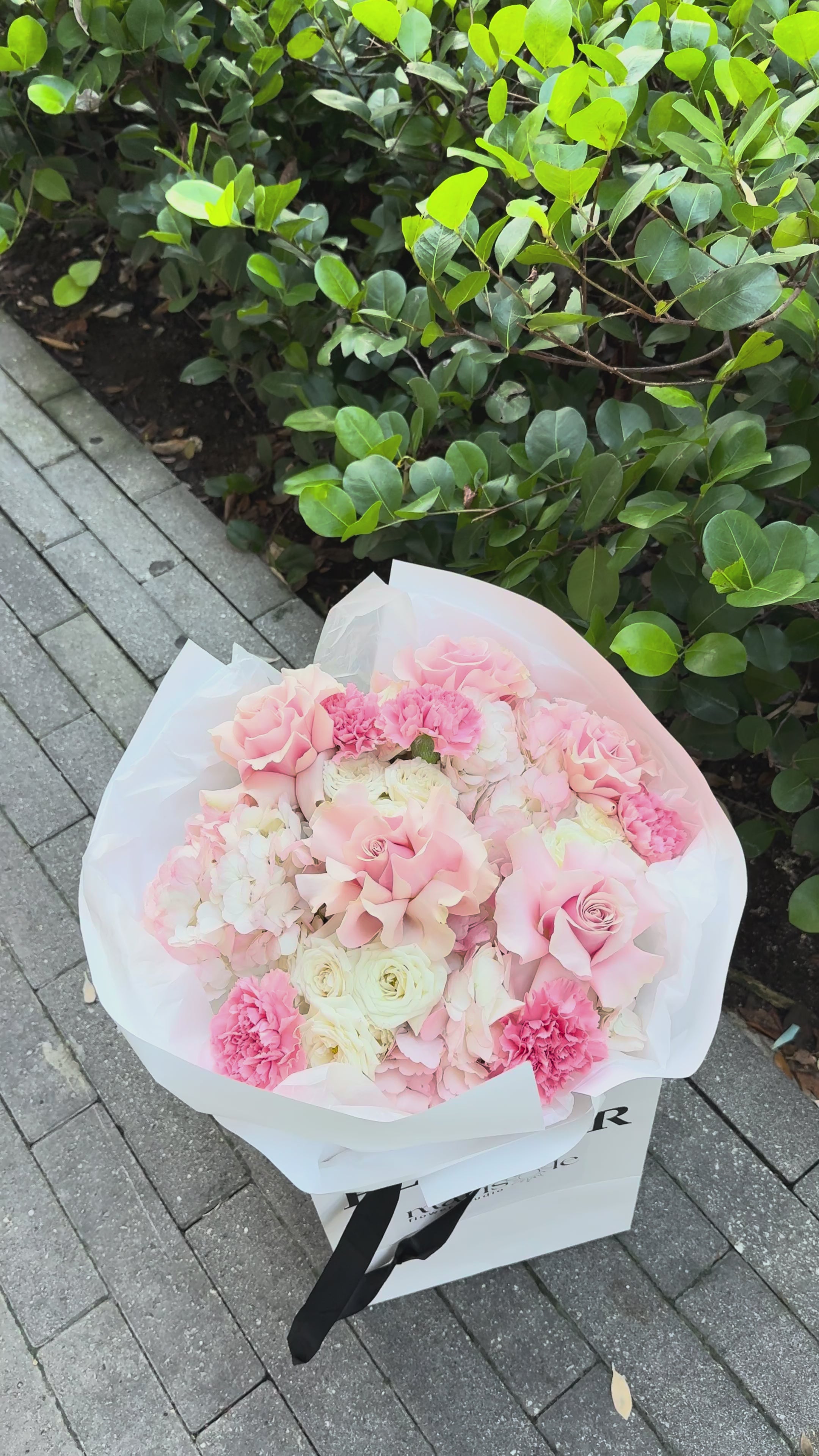 Order the Pink Cloud floral arrangement with hydrangeas and French roses. Elegant, romantic design with same-day flower delivery in Miami & Aventura.
