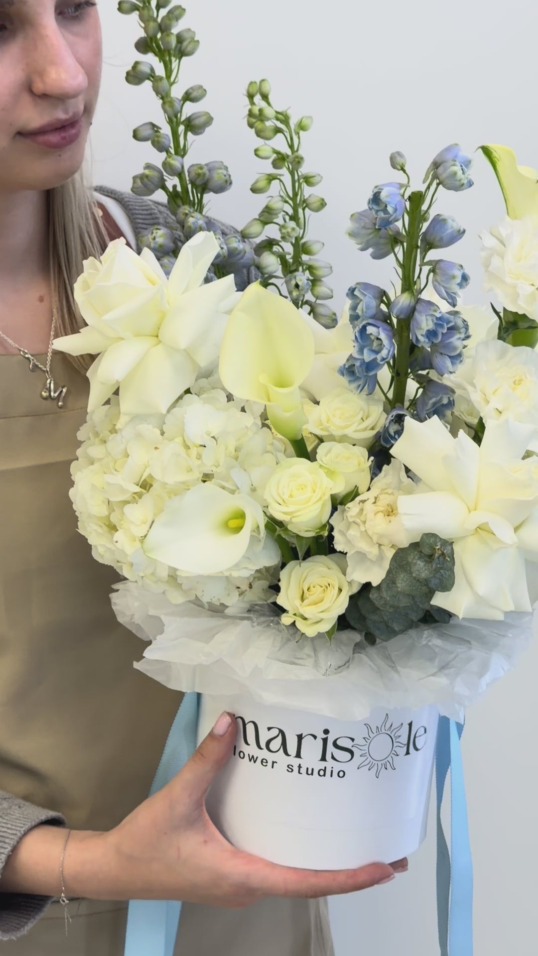 Blue dreams - Hydrangea,  French roses, Delphinium, Spray Roses, Callas, Carnations