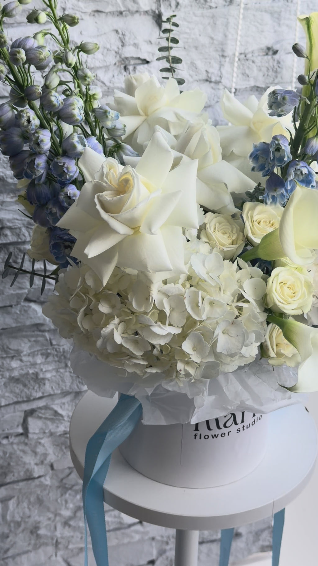 Blue dreams - Hydrangea,  French roses, Delphinium, Spray Roses, Callas, Carnations