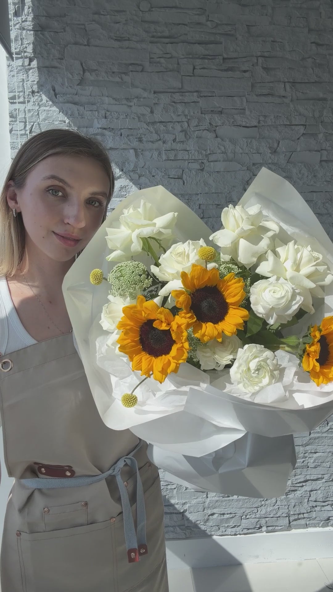 Sunny Crush - sunflowers, roses, viburnum, ranunculus, craspedia