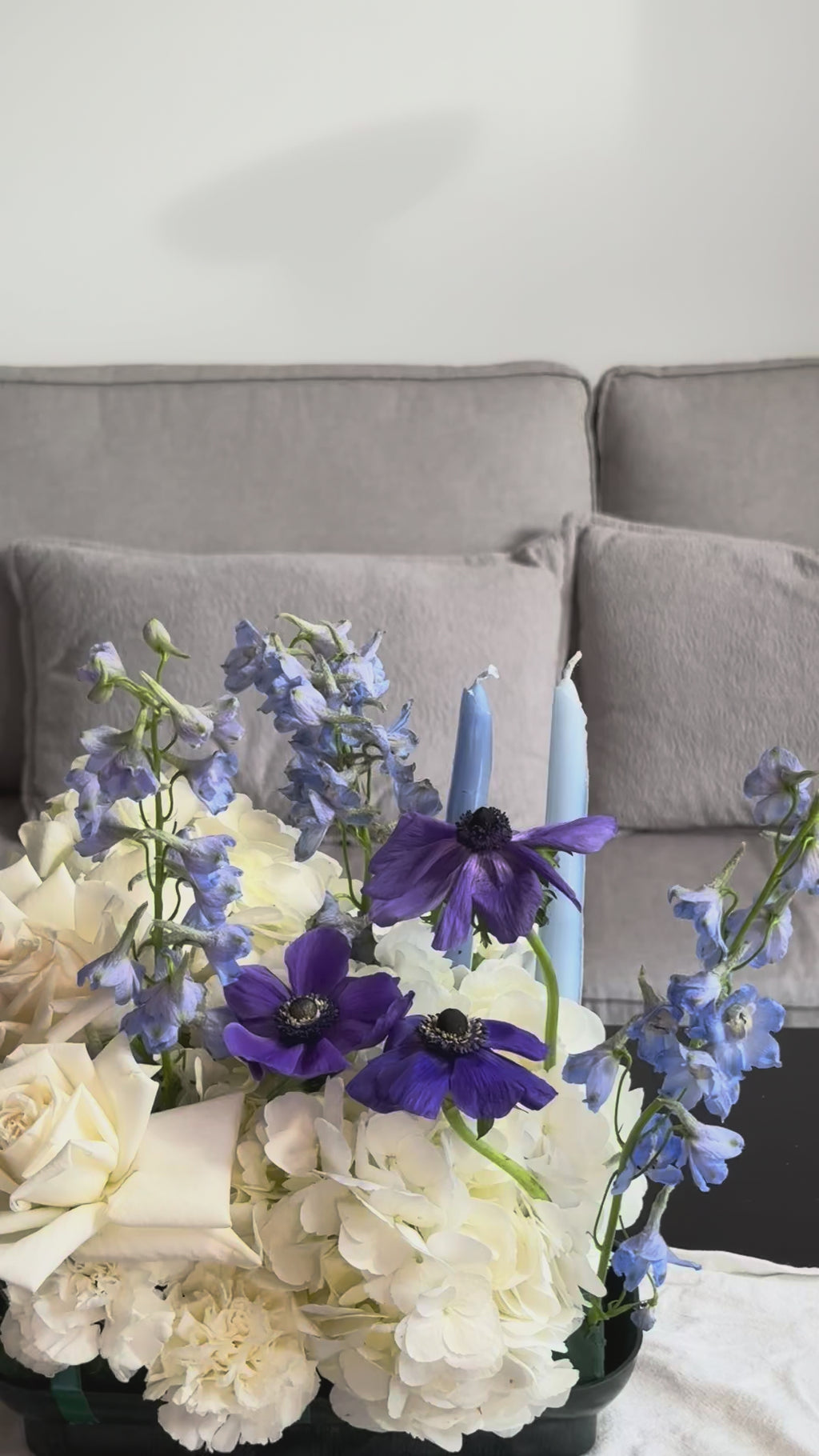 Standart Hannukah arrangement - anemones, french roses, delphinium, carnations