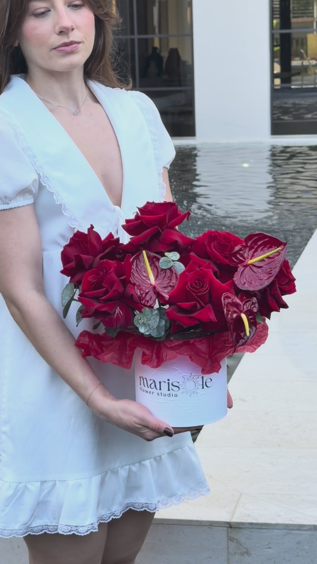 Scarlett Box - French Roses, Anthurium, Eucalyptus