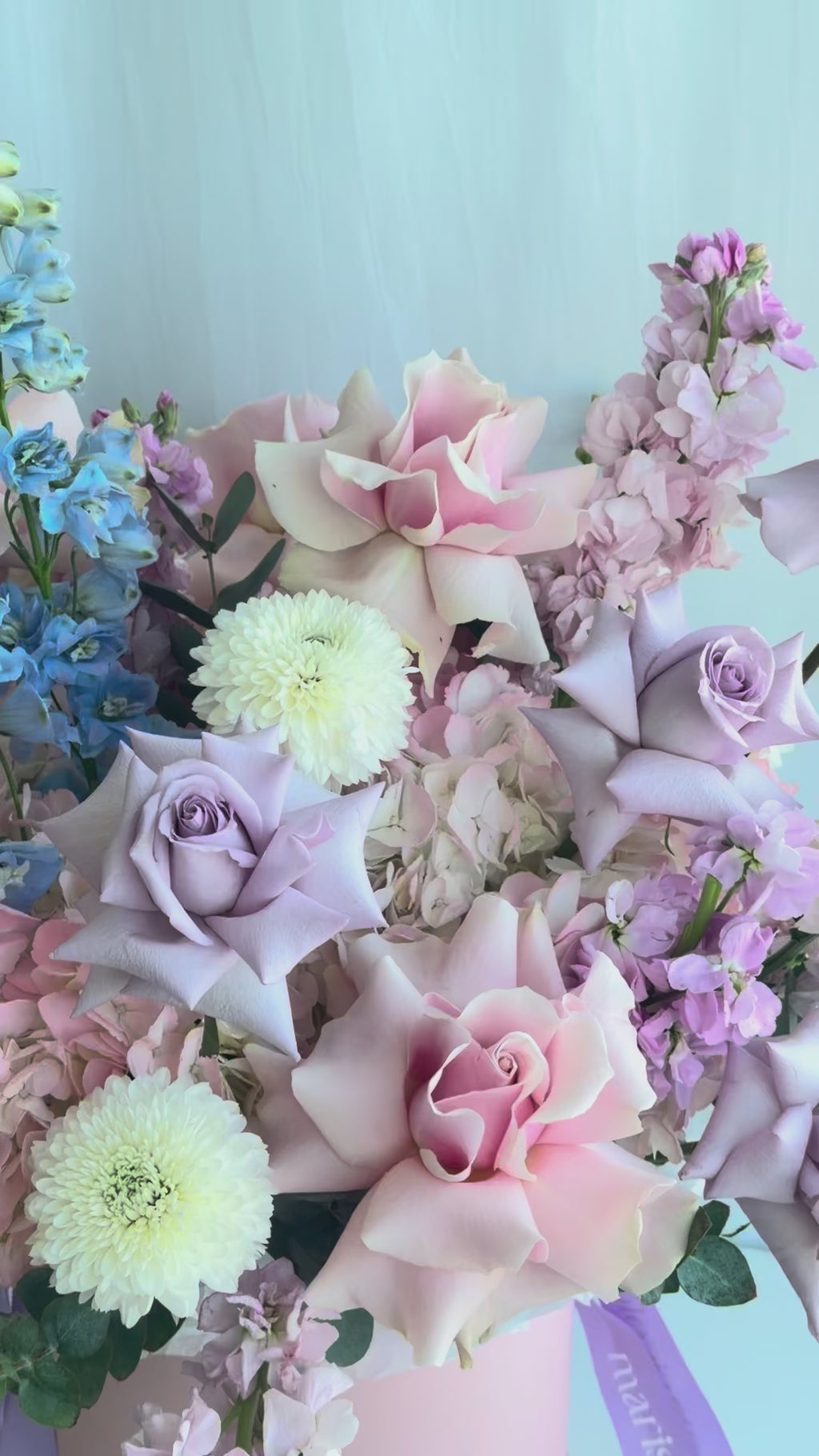 Video of a pastel flower box featuring French roses, hydrangeas, delphinium, chrysanthemums, and stock.