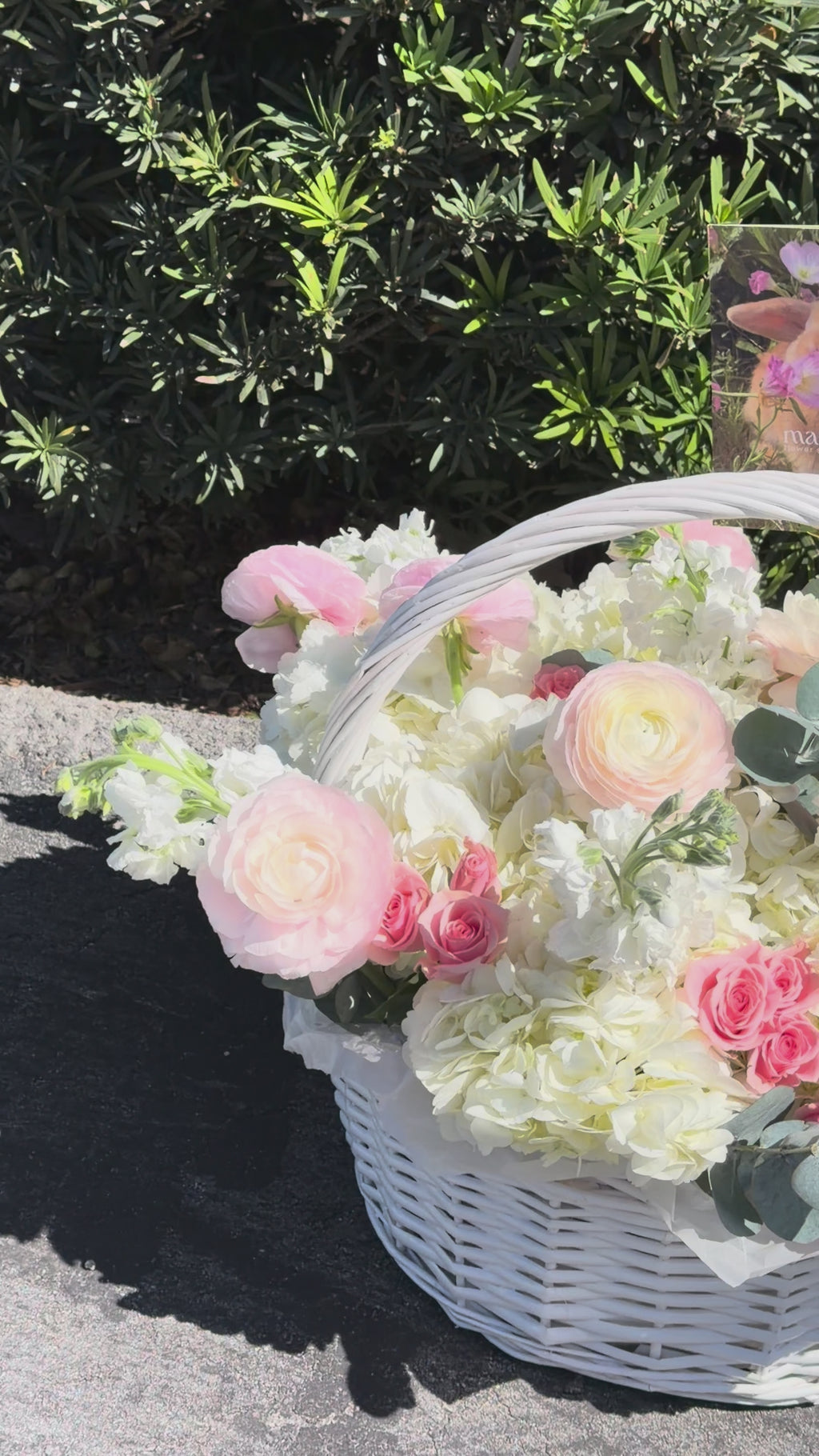 Cesta Su Sonrisa – Ranúnculos, Hortensias, Rosas de Tallo, Alhelí, Eucalipto