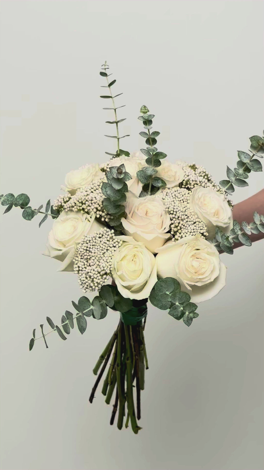 Classic White Bridal Bouquet - Roses, Eucalyptus, Ozothamnus