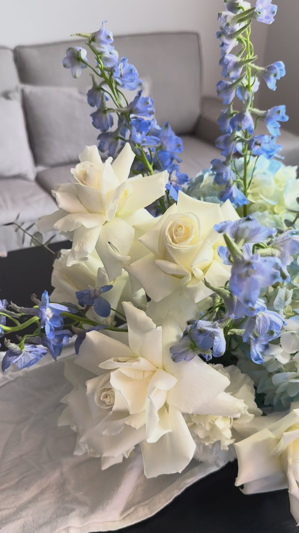 Grande Hanukkah Arrangement – French Roses, Delphiniums, Callas, Eucalyptus, Hydrangeas