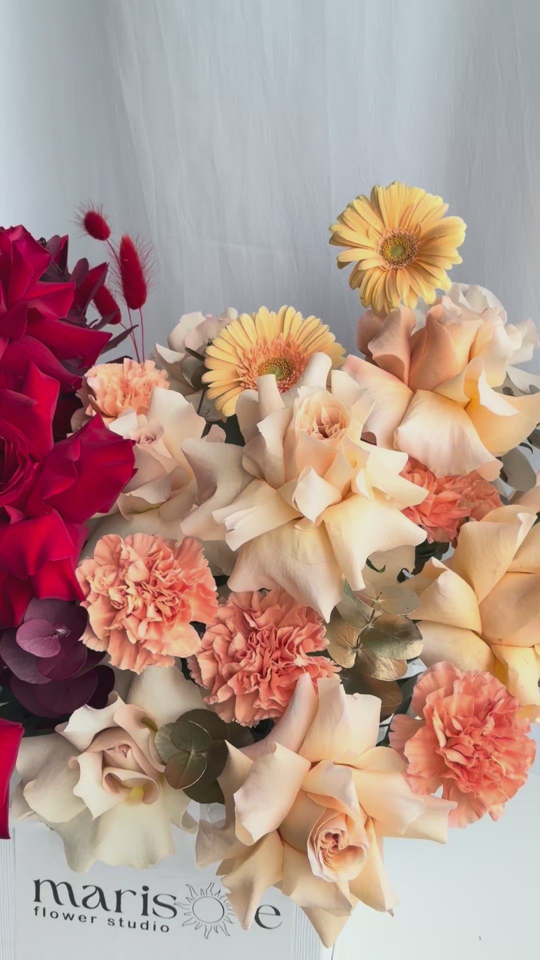 Fall in Love Rosh Hashanah flower box with red, peach, and cream flowers.