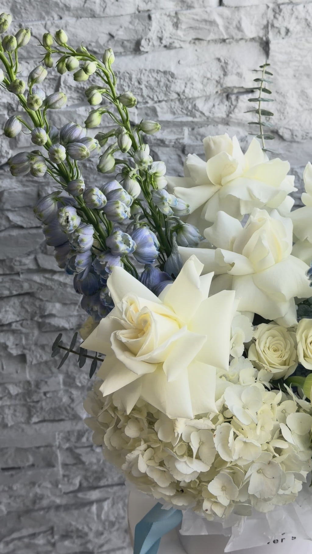 Blue dreams - Hydrangea,  French roses, Delphinium, Spray Roses, Callas, Carnations