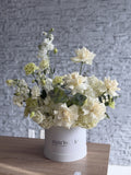 Quiet Bloom Box – White French Roses, Green Carnations, White Eustomas, Hydrangeas