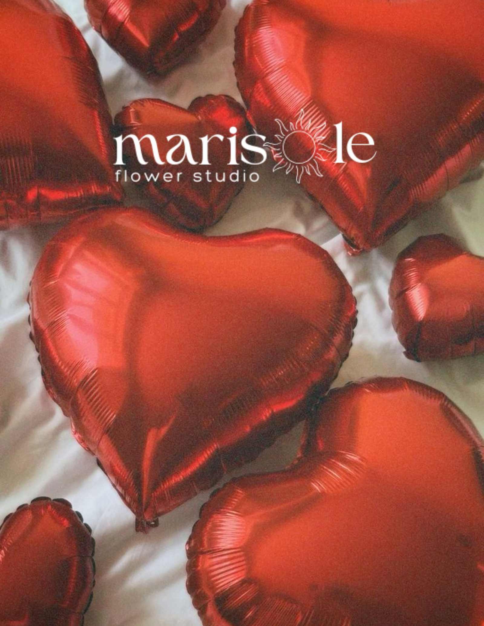 Greeting card with red heart-shaped balloons, featuring Marisole Flower Studio logo.