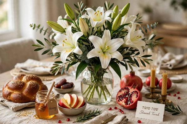 White lilies centerpiece on a Rosh Hashanah table with challah, honey and pomegranate