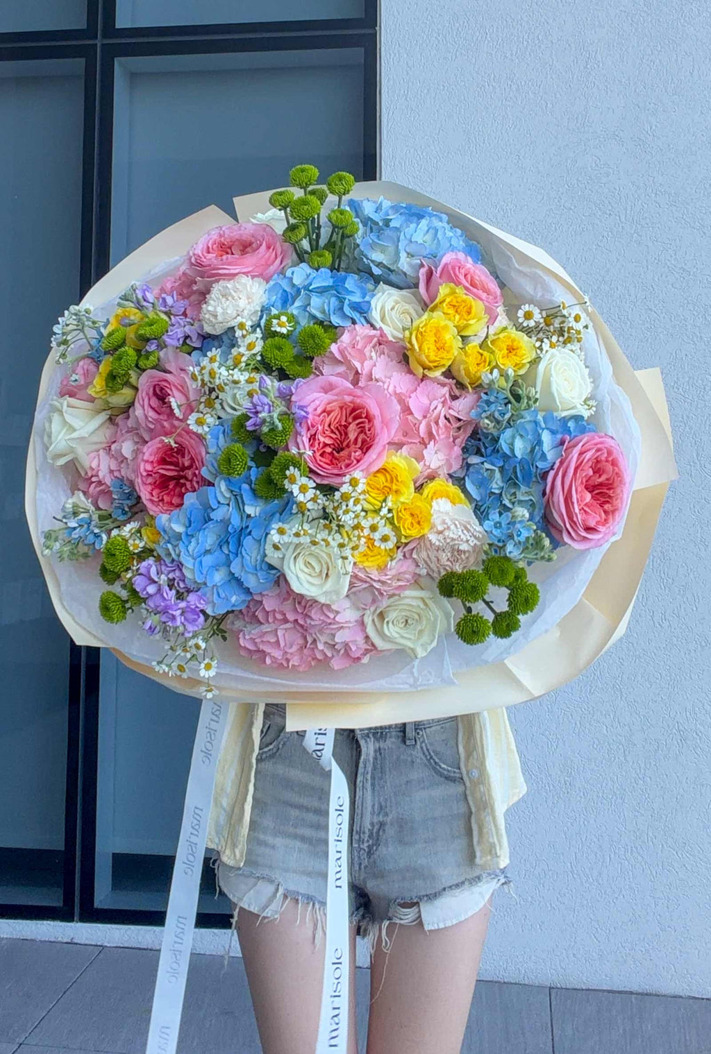 Large Unicorn Bouquet with garden roses, hydrangeas, spray roses, chrysanthemums, stock, carnations, chamomile, and tweedia.