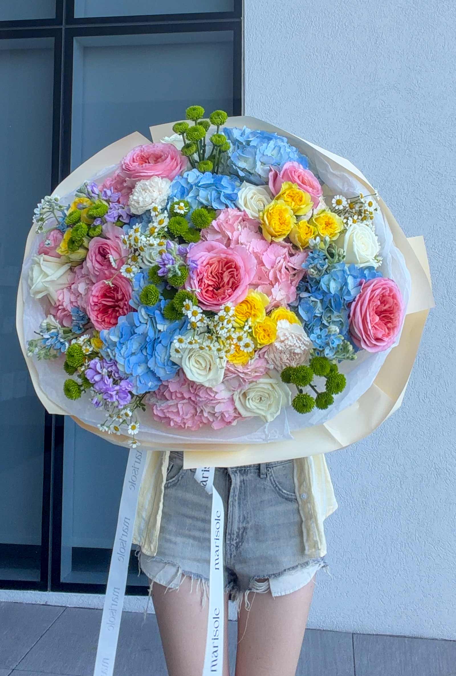 Large Unicorn Bouquet with garden roses, hydrangeas, spray roses, chrysanthemums, stock, carnations, chamomile, and tweedia.