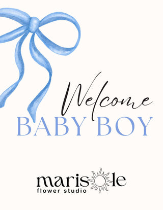 Welcome Baby Boy greeting card with a blue ribbon design and Marisole Flower Studio logo.