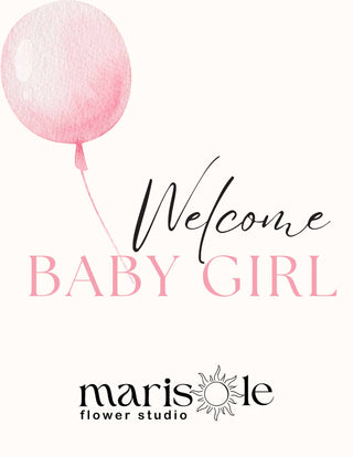 Welcome Baby Girl greeting card with a pink ribbon design and Marisole Flower Studio logo.